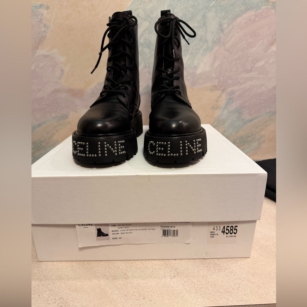 Celine Black Leather combat  Boots with Studded Logo 42